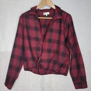 By the Way Revolve Top Red Black Plaid Faux Wrap Front Collared V-neck Medium